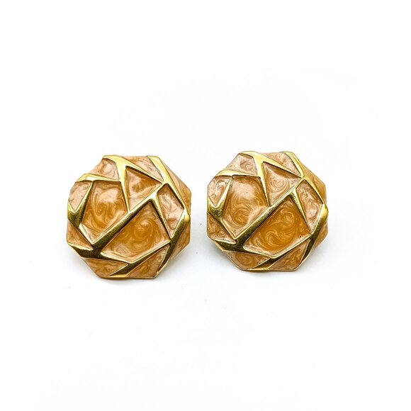 Abstract Octagonal Monet Earrings, Gold Tone Studs with Peach Swirl Enamel Geome - Picture 2 of 5